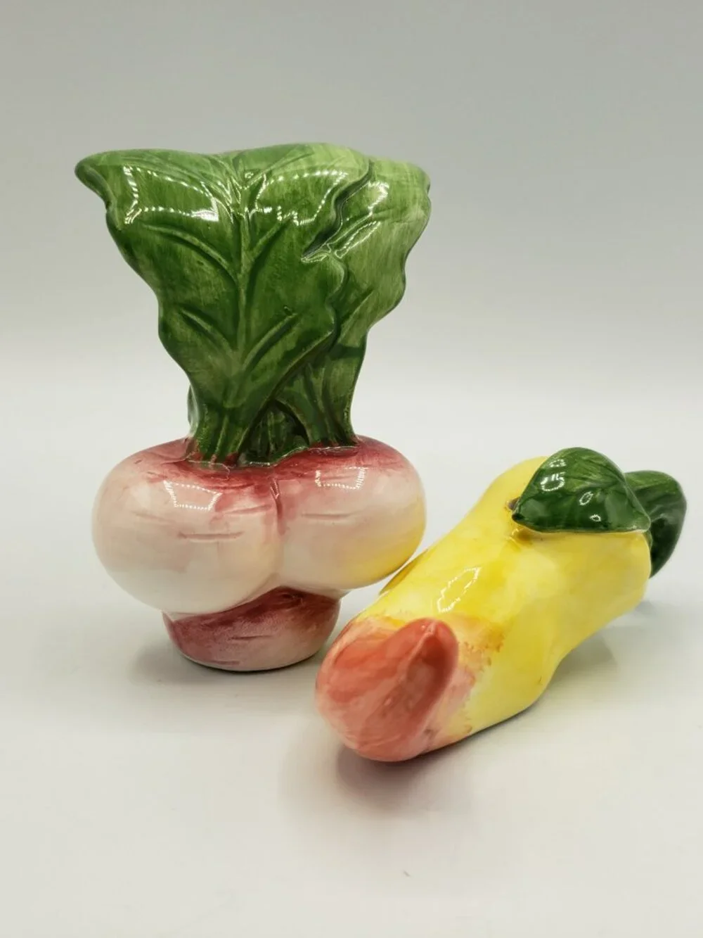 Vintage Ceramic Salt and Pepper Shakers Turnip and Pepper with Stoppers Veggies